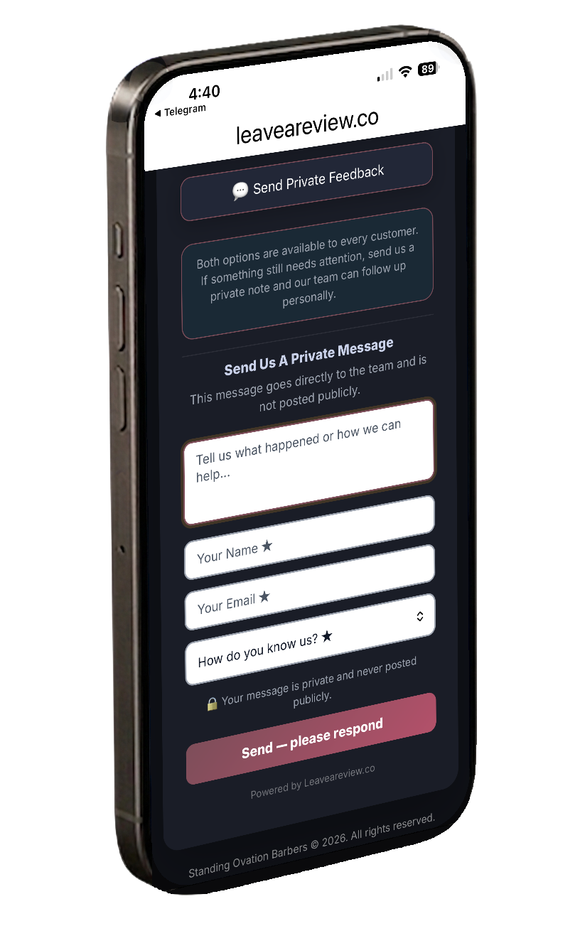Standing Ovation Barbers private feedback screen